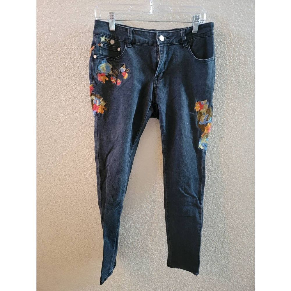Bee And Ceci Women's Blue Embroidered Floral Zip Fly Skinny Jeans Size 9/10